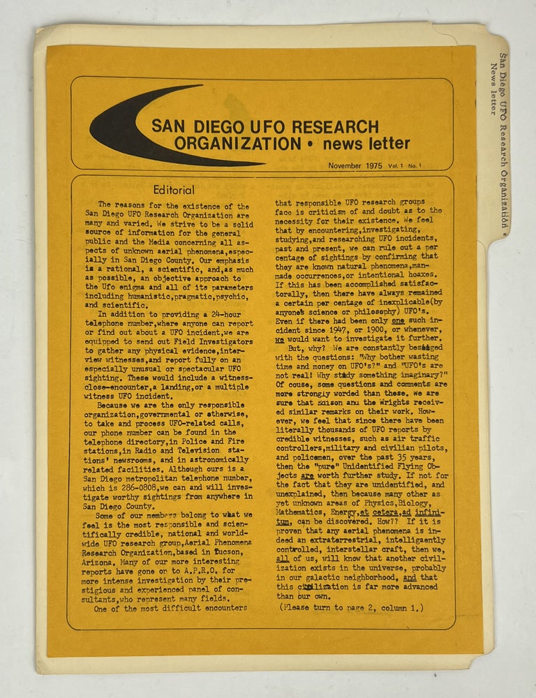 Item #17123 San Diego UFO Research Organization Newsletter November 1975 Vol. 1 No. 1. SDUFORO.