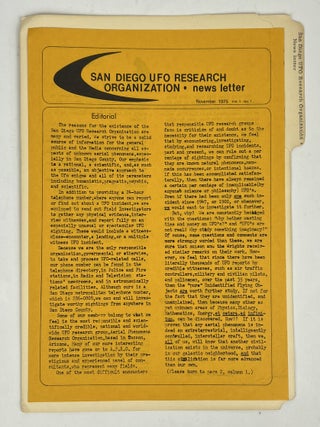 Item #17123 San Diego UFO Research Organization Newsletter November 1975 Vol. 1 No. 1. SDUFORO
