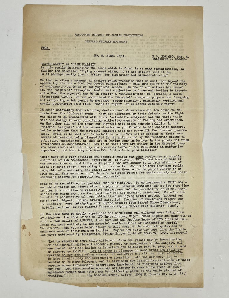 Item #17128 Vancouver Council of Social Engineering General Welfare Movement No. 5, June, 1959. Herbert D. Clark.